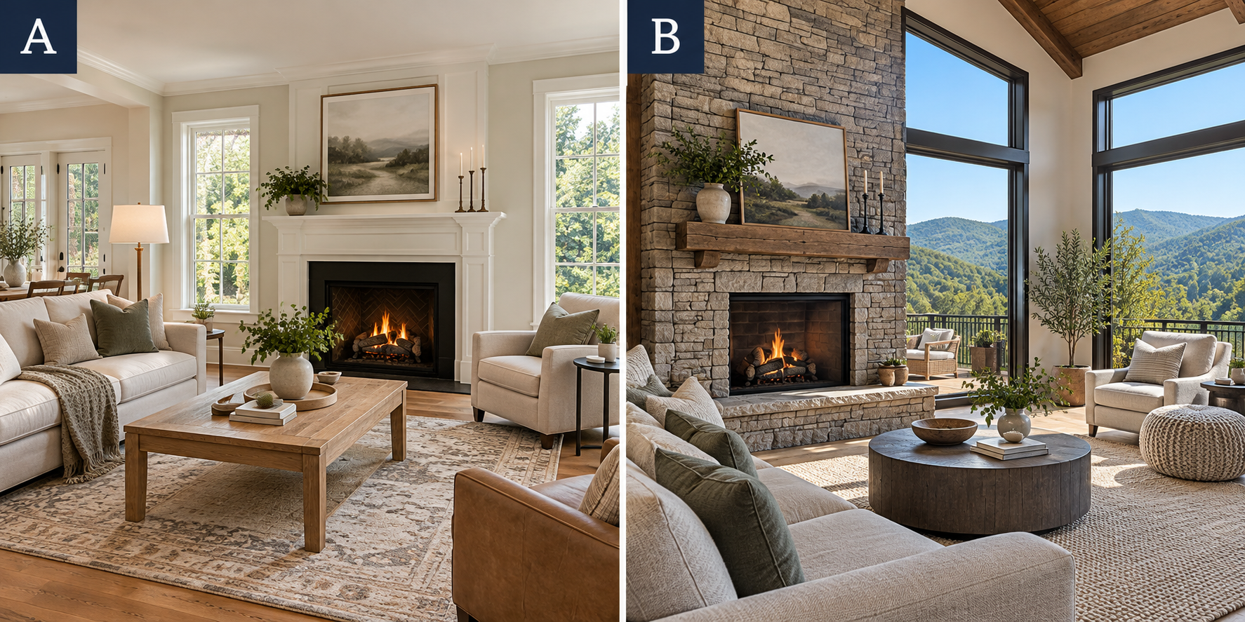 Two living rooms presented side by side for an AI or not AI guessing game
