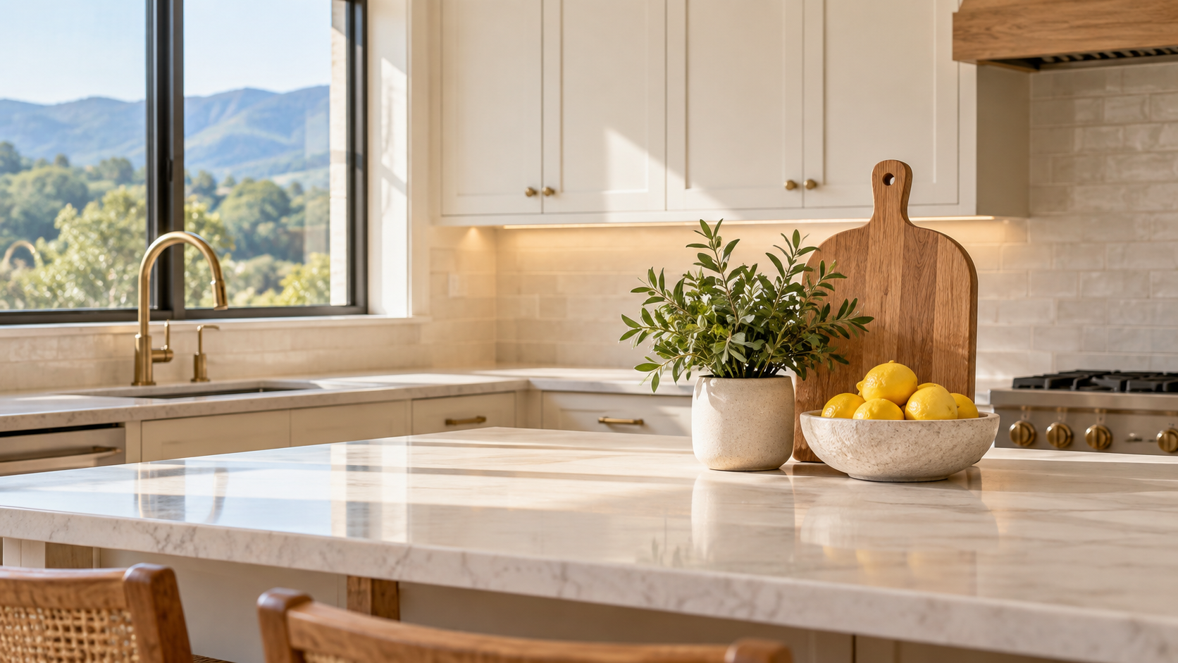 Styled kitchen counter with a cutting board, small plant, and bowl of lemons
