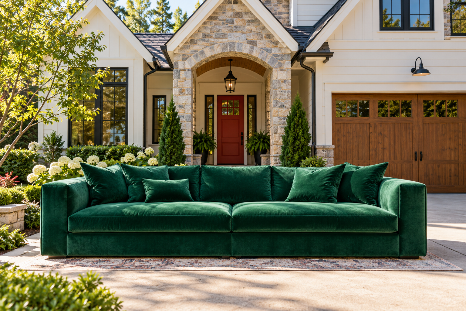 A large sofa being moved through the front door of a home