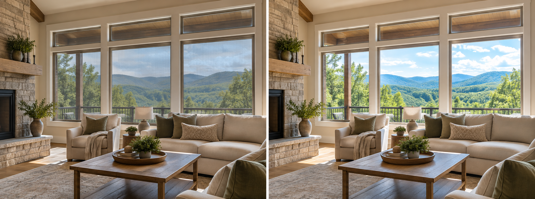 Bright living room with natural light coming through clean windows