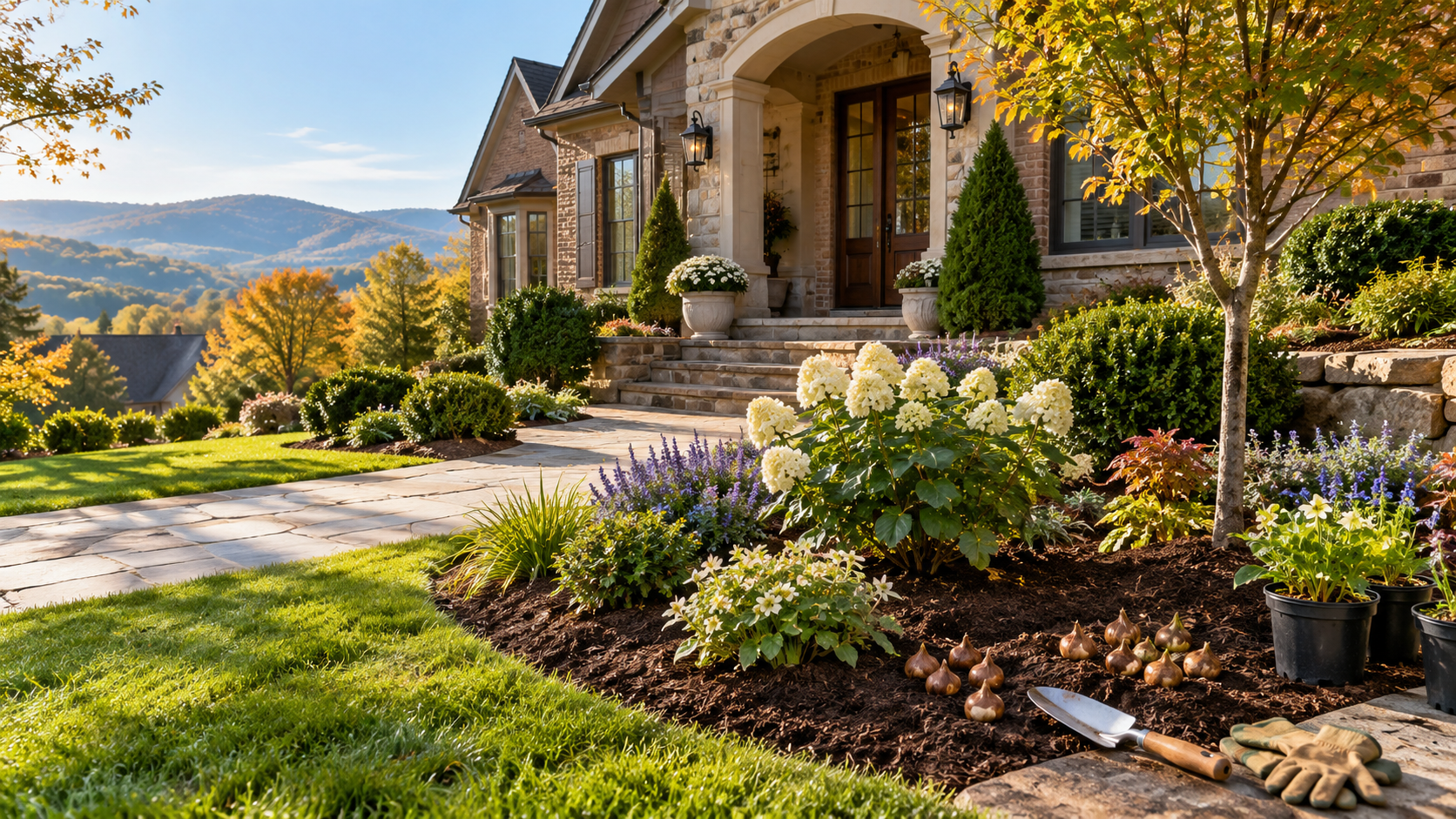 Freshly planted trees, shrubs, and spring-flowering bulbs in an East Tennessee garden