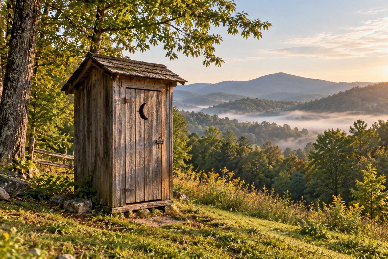 Historic wooden outhouse overlooking the East Tennessee mountains