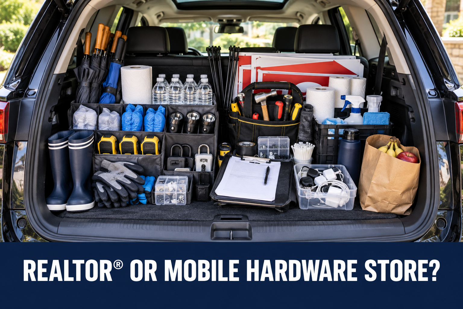 A real estate broker's car packed with practical showing supplies