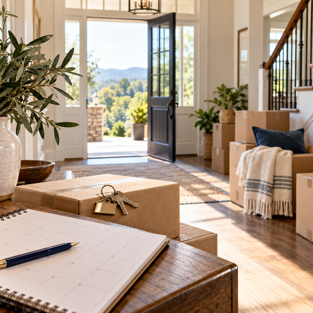 Moving boxes, house keys, and a calendar arranged for planning a seller's move